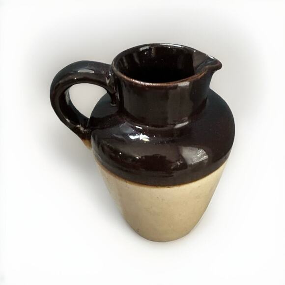 Vintage Stoneware Syrup Pitcher Jug Brown Tan Two Tone 6" Tall Vase Cottage Core - Picture 6 of 13